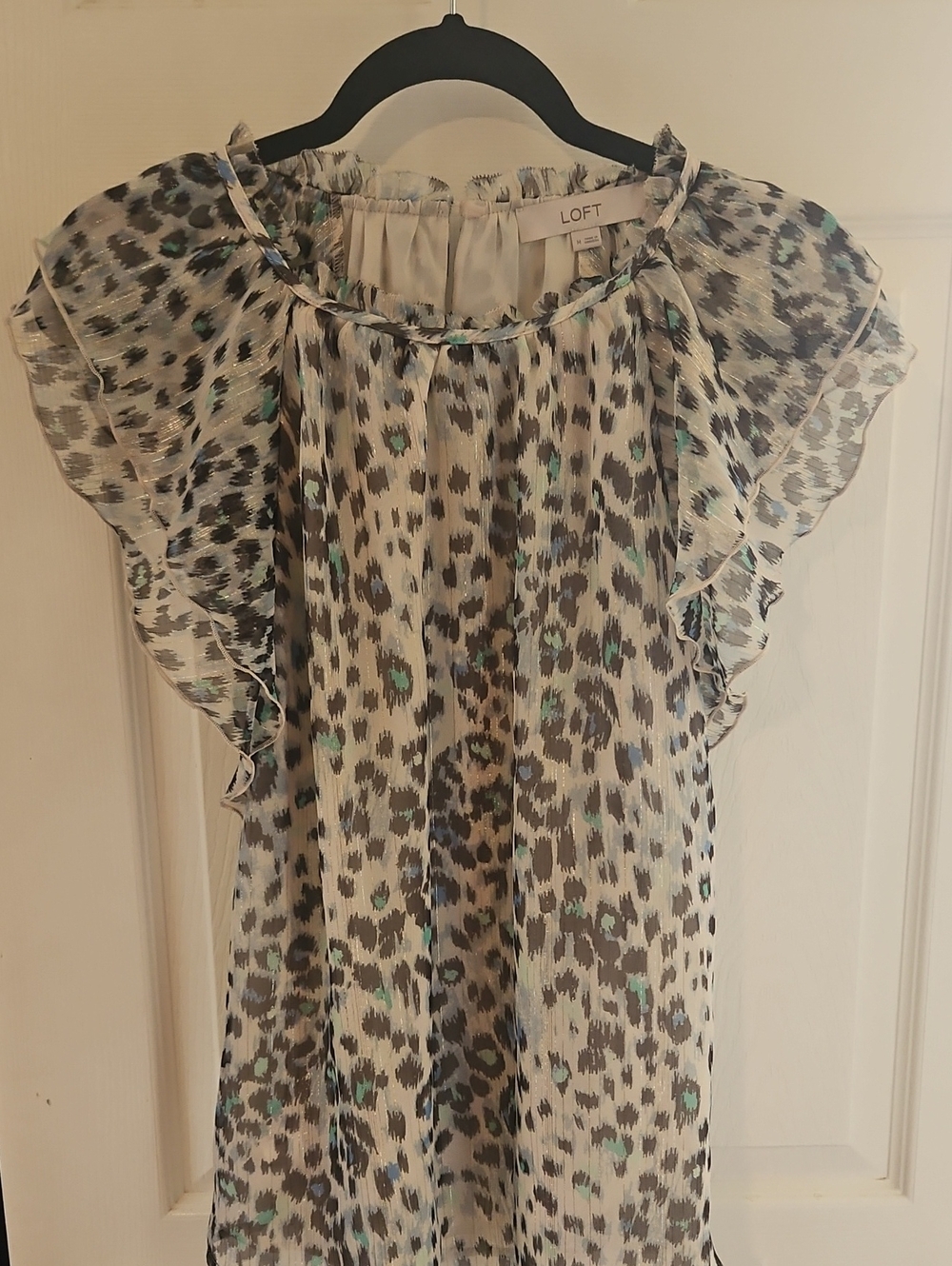 LOFT Cream Blouse with Gray and Teal Spot Print